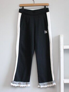 Puma x Tyakasha Black White Ruffle Lace Gingham Crop Sweatpants Women's sz Small